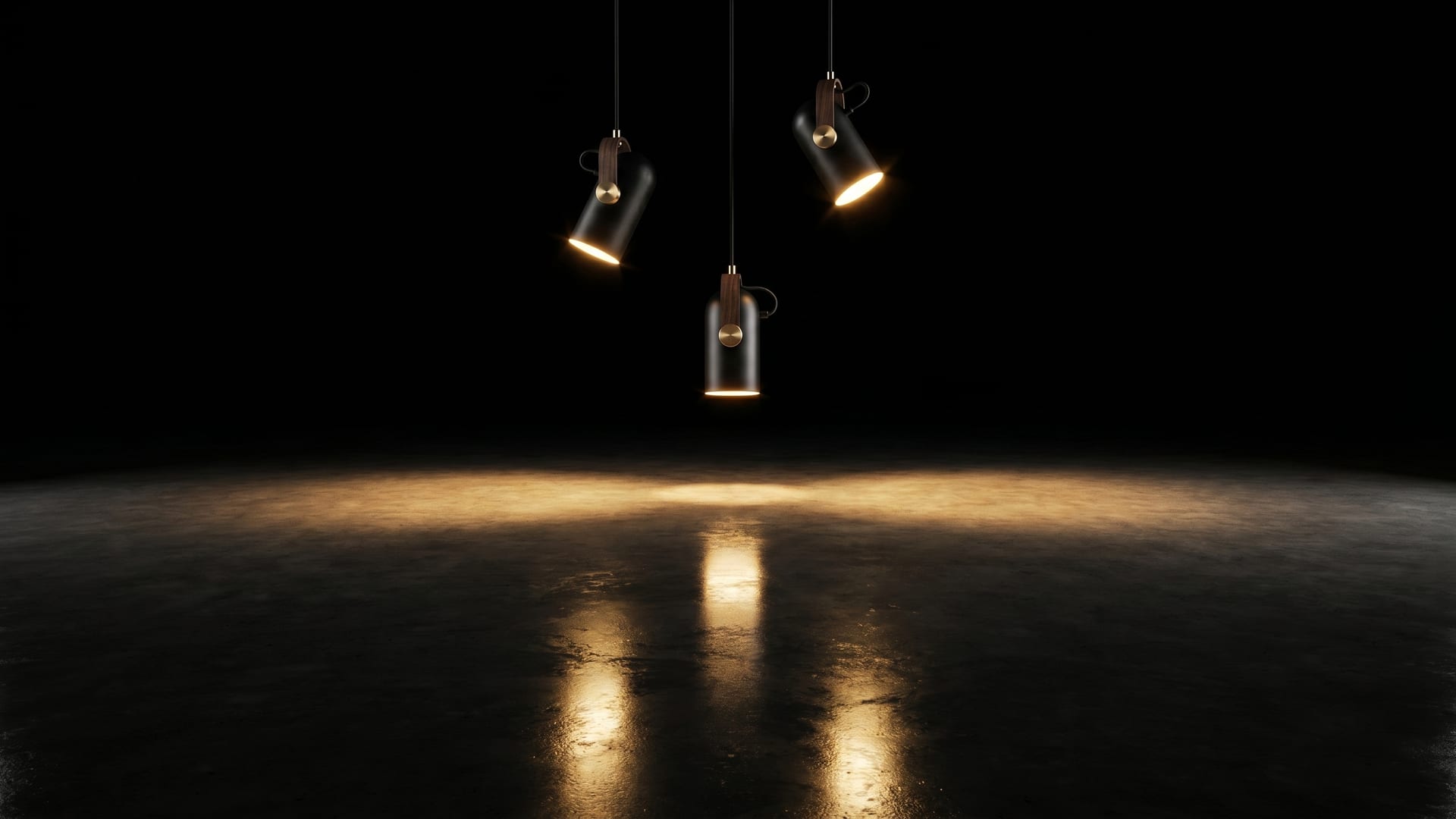 Three Tilt pendants at staggered heights, beams overlapping in a dark void